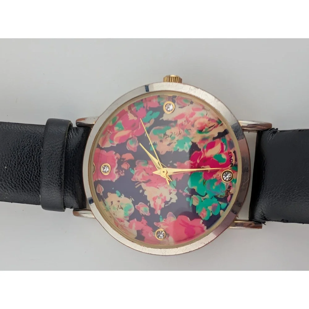 Charming‎ Charlie Watch Women Floral Dial Black Faux Leather Band- New Battery